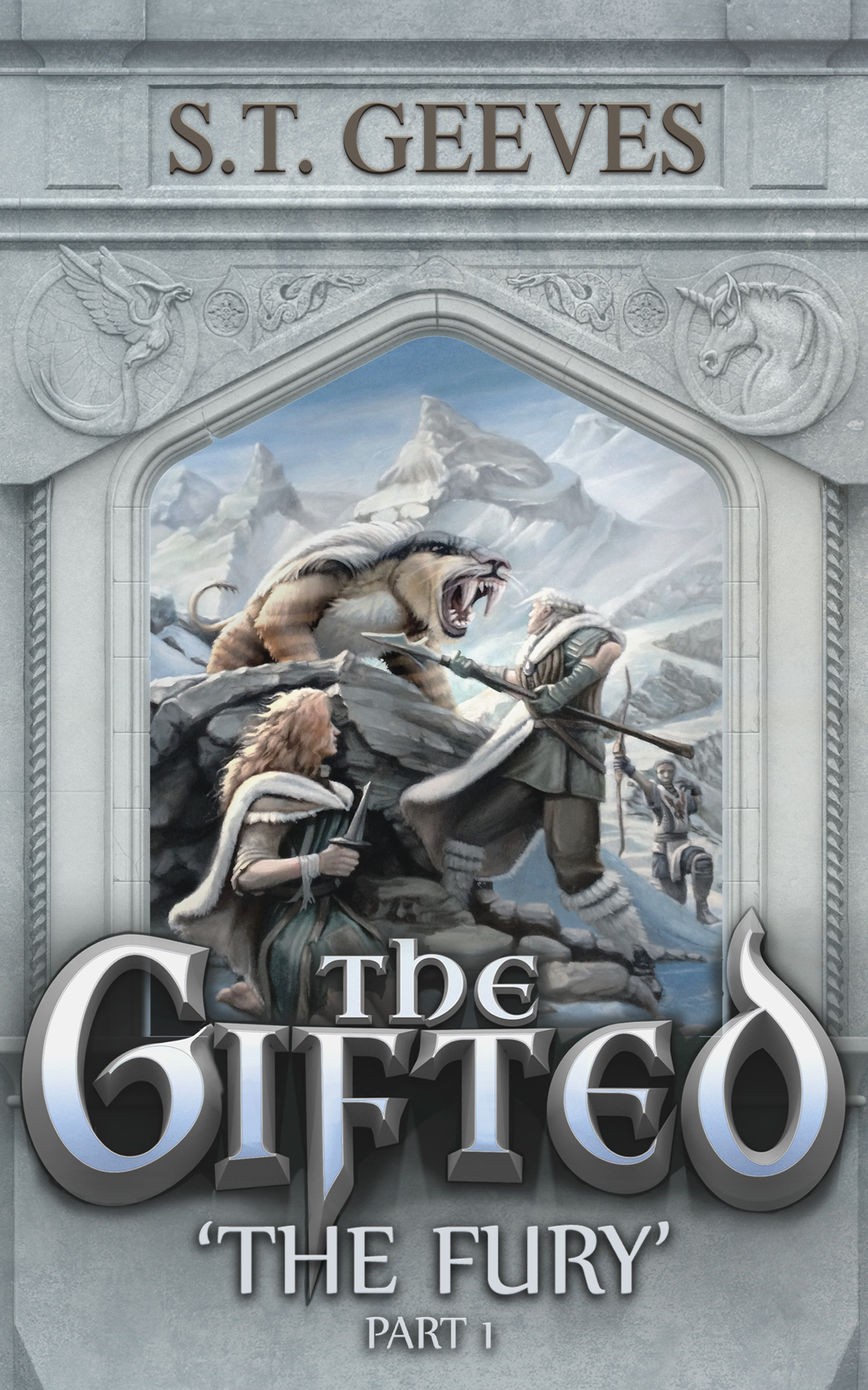 Cover by https://garytrow.crevado.com/book-cover-design-with-illustration
A man with a spear faces a fierce mystical cat-like beast. A girl in the foreground clutches a dagger, whilst an archer crouches before snowy mountains.